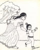 Yashoda-Krishan - Marker Pen  Paper Paintings - By Rahul Insan, Black And White Painting Artist