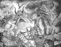 Thors Last Stand - Graphite Drawings - By John Watts, Fantasy Drawing Artist