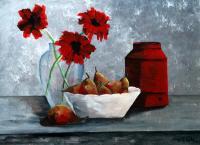 Glas Met Gerberas - Acrylyc On Canvas Paintings - By Geert Winkel, Realistic Painting Artist