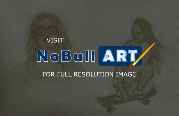 Realism - Girl On Skateboard And In Breeze - Pencil