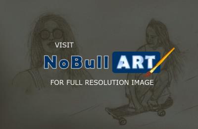 Realism - Girl On Skateboard And In Breeze - Pencil