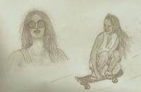 Girl On Skateboard And In Breeze - Pencil Drawings - By Paul Sullivan, Traditional Drawing Artist