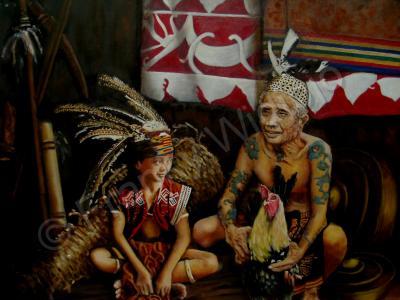 Dayak - Grandpa With His Grand Child - Oil On Canvas