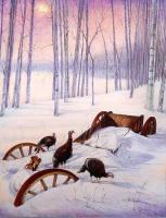 Barns And Wildlife In Oils - Wild Turkeys On Wagon - Oil On Canvas