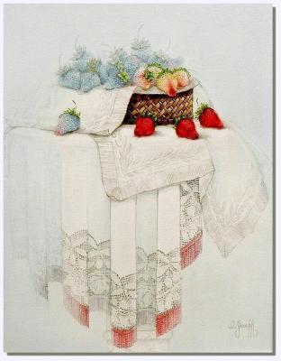 New Paintings - Blue Strawberries On Lace - Watercolor