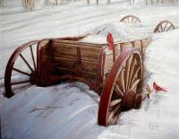 Barns And Wildlife In Oils - Cardinals On Wagon - Oil On Canvas