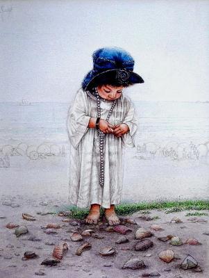 New Paintings - Pearls Shells Lonely Girl - Watercolor