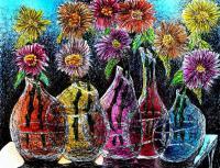 21St Century Art - Flowers In Profile - Watercolors  Color Pens
