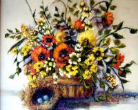 Floral Still Life By Ann Hardy - Oil On Board Paintings - By Chau Tran, Pointillism Painting Artist