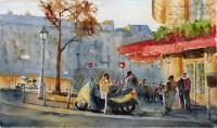 Cafe Parisien - Watercolor Paintings - By Marisa Gabetta, Impressionist Painting Artist