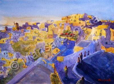 Cityscapes - Santorini Sunset - Watercolor