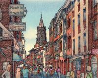 Architectural - Pedestrian Street - Ink And Colored Pencil
