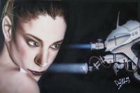 Scanning The Woman - Acrylic Paintings - By David Klebs, Realism Painting Artist