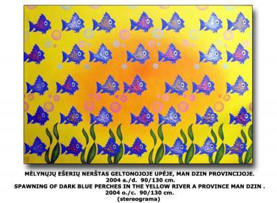 For Sale - Spawning Of Dark Blue Perches In The Yellow River A Province - Oil On Canvas