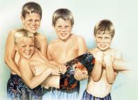 Beach Boys - Watercolor Paintings - By Margaret Harris, Realism Painting Artist