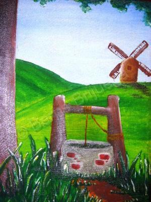 Landscape - Well And Mill - Mixed Media