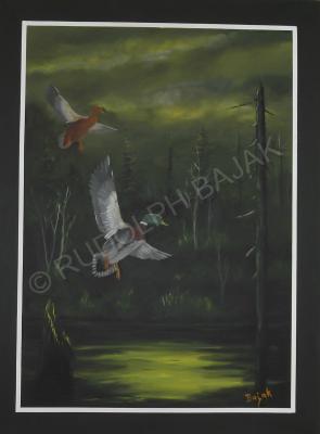 Mallards - Malards At Night - Acrylic On Masonite