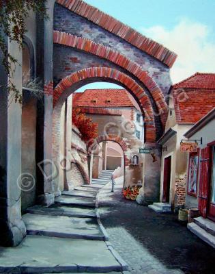 Architectural - Old Street In Transylvania - Oil On Canvas