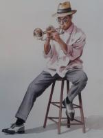 The Jazz Player - Watercolor Paintings - By Doina Cociuba, Realism Painting Artist