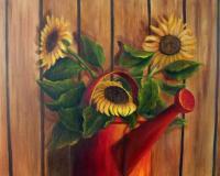 Sunflowers In Red Watering Can - Oils On Canvas Paintings - By Susan Dehlinger, Traditional Painting Artist