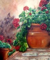 Geraniums On The Stone Wall - Oils On Canvas Paintings - By Susan Dehlinger, Traditional Painting Artist