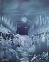 Moonlit Waterfall - Oil Paintings - By Stig Wall, Wet On Wet Painting Artist