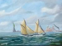 New York Harbour 1910 - Water Mixable Oils Paintings - By Stig Wall, Traditional Painting Artist