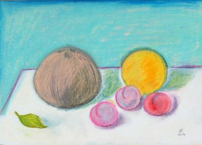 Still Lifes - Still Life With  Fruit  And  Coconut - Pastel  Paper