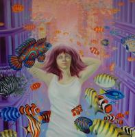 Fishes - Oil On Canvas Paintings - By Sana Zee, Surrealism Transrealism Painting Artist