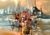 Abstract - Silhouette Of A City Is Reflected In The Lake - Oil