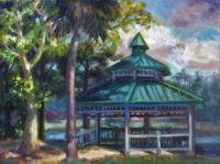 Gazebo Lake Lily - Oil On Masonite Paintings - By Claudia Thomas, Impressionistic Landscape Painting Artist