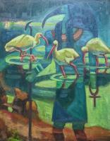Thoth Ibis Diety - Oil On Canvas Paintings - By Claudia Thomas, Impressionistic Landscape Painting Artist