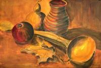 Wooden Scoop With Jug Calabash And Pomegranate - Watercolor Paintings - By Heinz Sterzenbach, Realism Painting Artist