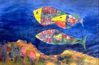 Three Fishes In Coral-Reef - Mixed Media Paintings - By Heinz Sterzenbach, Surrealism Painting Artist