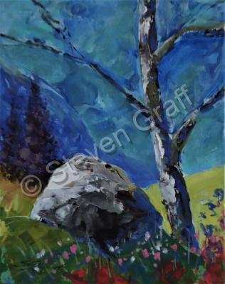 Expressive - Rock And Tree - Acrylic On Canvas