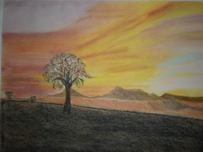 Landscapes - The Golden Sky - Watercolors On Papercolored Pe