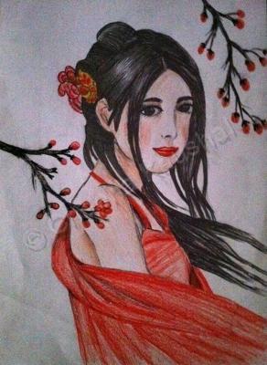 Pencil Sketch - Girl In Red - Colour Pencils