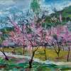 Flowering Peaches - Oil On Cardboard Paintings - By Gegham Asatryan, Impressionism Painting Artist