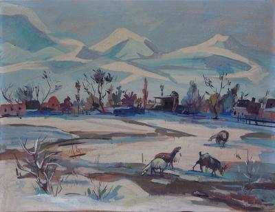 Landscape - Winter In Village - Gouache On Cardboard