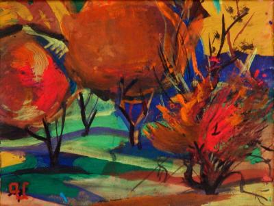 Landscape - Orange Trees - Gouache On Cardboard