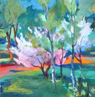 Flowering Garden - Gouache On Cardboard Paintings - By Gegham Asatryan, Impressionism Painting Artist