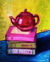 Tea And Books - Oil Paintings - By Jennifer Christy-Vient, Impressionism Painting Artist