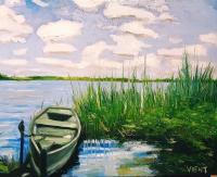 Boat On The Reservoir - Oil Paintings - By Jennifer Christy-Vient, Impressionism Painting Artist