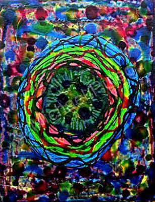 Visionary Outsider Art Brut Ra - Entering Deep Space - Oil  Water Paint On Hard Press