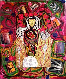 Visionary Outsider Art Brut Ra - Our Lady Of The Light - Oil  Water Paint On Hard Press