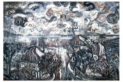 Paintings - Rainy Day Beach Town - Acrylics And Pastels