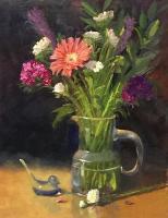 Still Life - Gerber With Bluebird - Oil