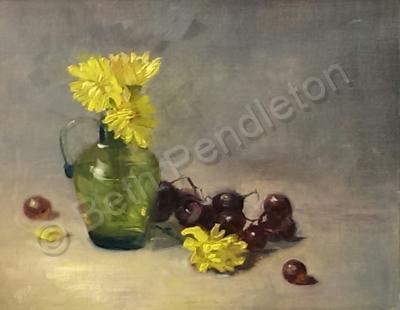 Still Life - Green Pitcher With Yellow Flowers - Oil