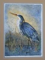 Blue Heron - Water Color And Wax Paintings - By Bonnie Olendorf, Batik On Rice Paper Painting Artist