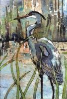 Heron In The Reeds - Water Color And Wax Paintings - By Bonnie Olendorf, Batik On Rice Paper Painting Artist